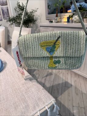 Beaded Light Green Cocktail Motif Shoulder Clutch